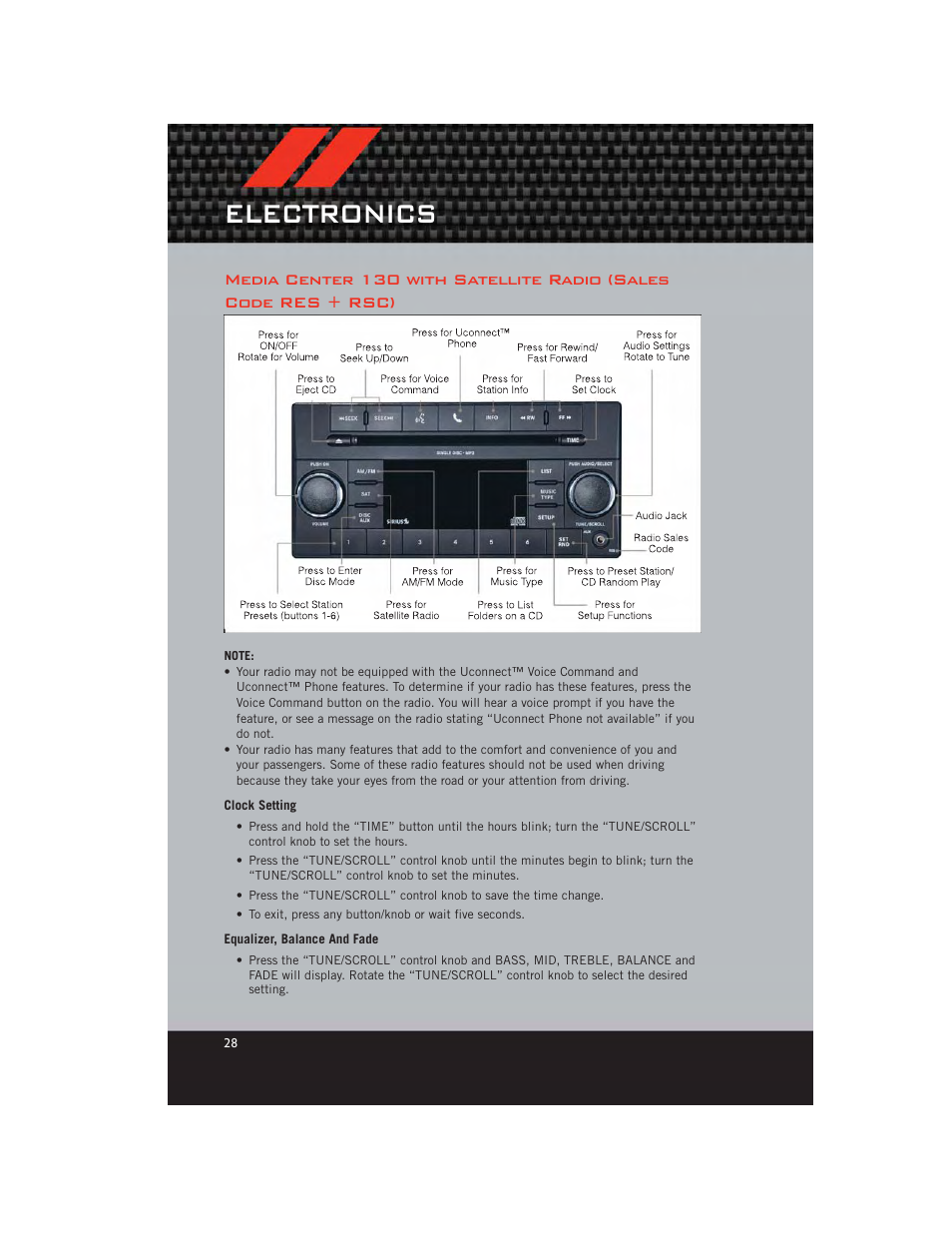 Clock setting, Equalizer, balance and fade, Electronics | Dodge 2012 Avenger - User Guide User Manual | Page 30 / 108