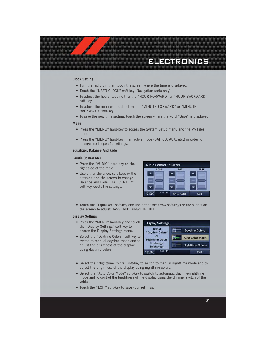 Clock setting, Menu, Equalizer, balance and fade | Display settings, Electronics | Dodge 2012 Avenger - User Guide User Manual | Page 33 / 108