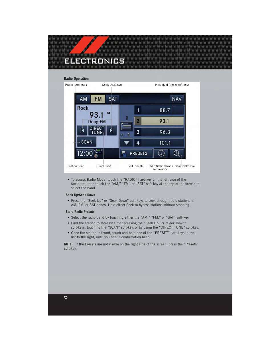 Radio operation, Electronics | Dodge 2012 Avenger - User Guide User Manual | Page 34 / 108