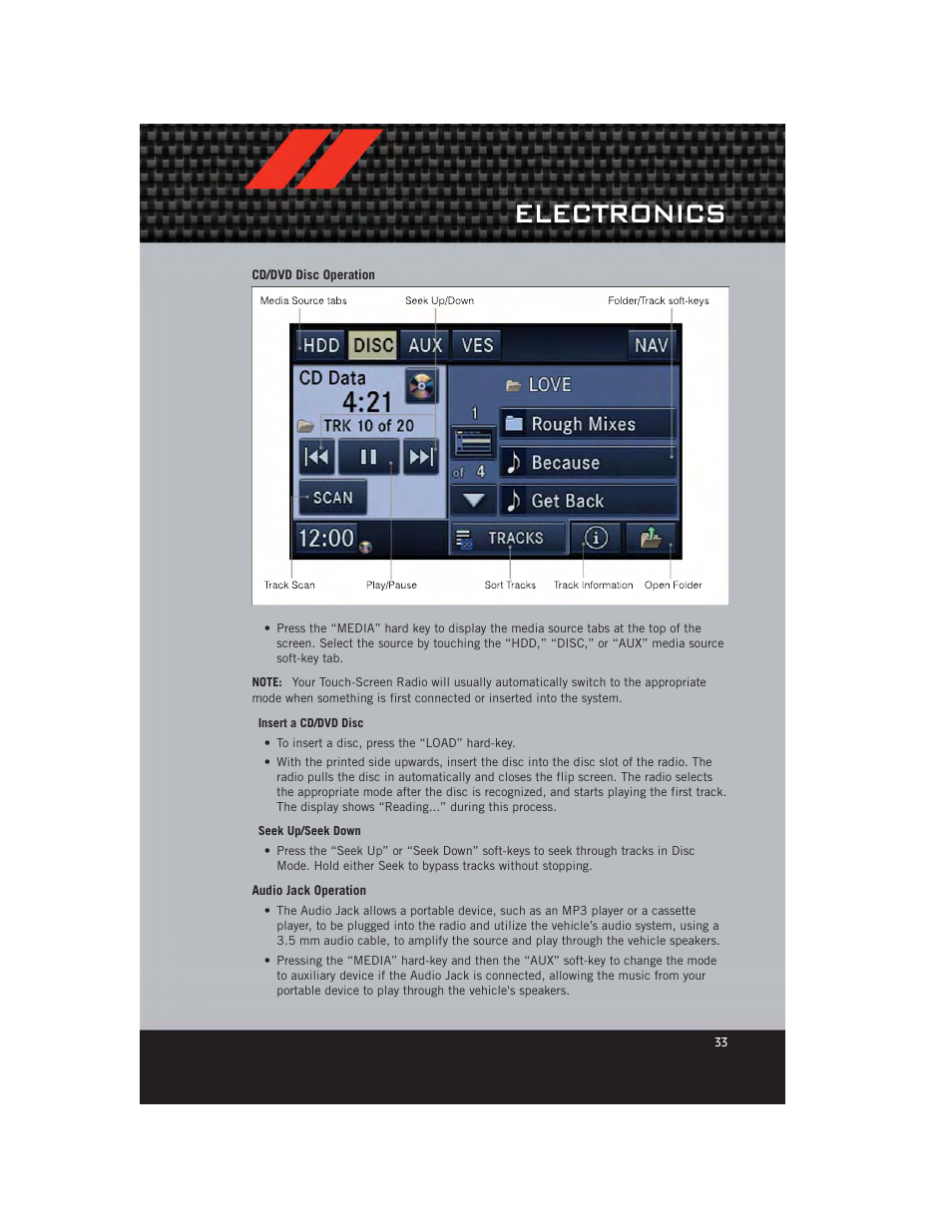 Cd/dvd disc operation, Audio jack operation, Electronics | Dodge 2012 Avenger - User Guide User Manual | Page 35 / 108