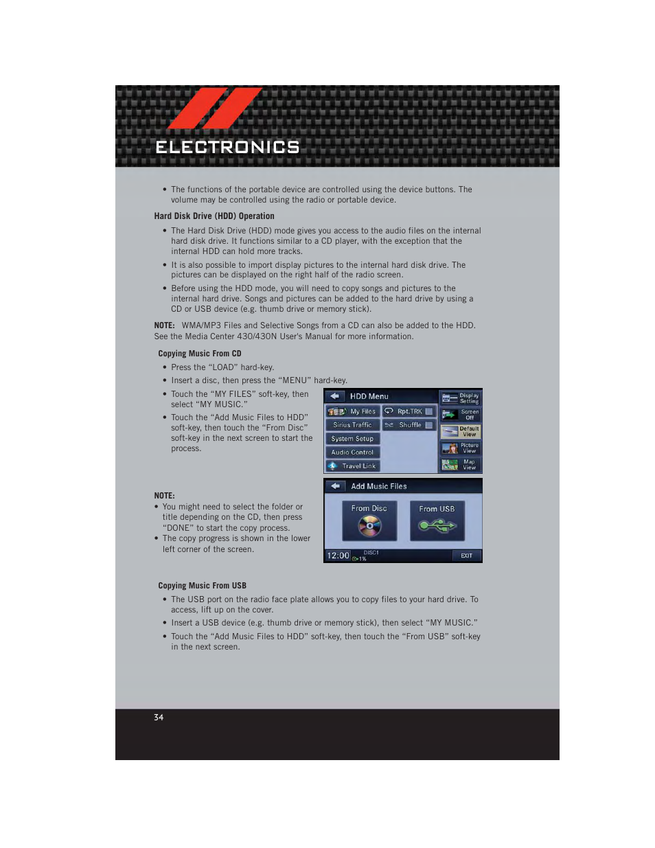 Hard disk drive (hdd) operation, Electronics | Dodge 2012 Avenger - User Guide User Manual | Page 36 / 108