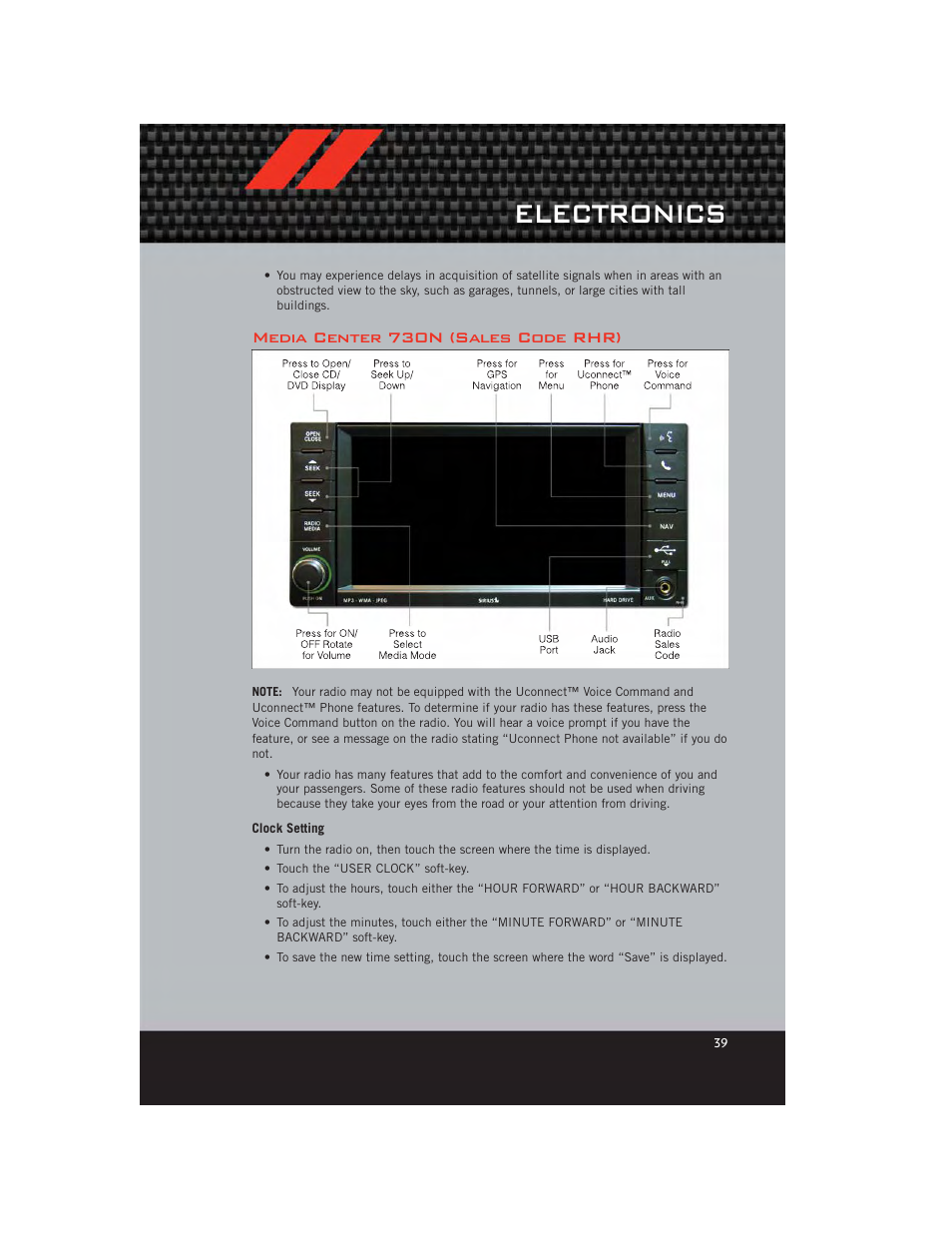 Media center 730n (sales code rhr), Clock setting, Electronics | Dodge 2012 Avenger - User Guide User Manual | Page 41 / 108