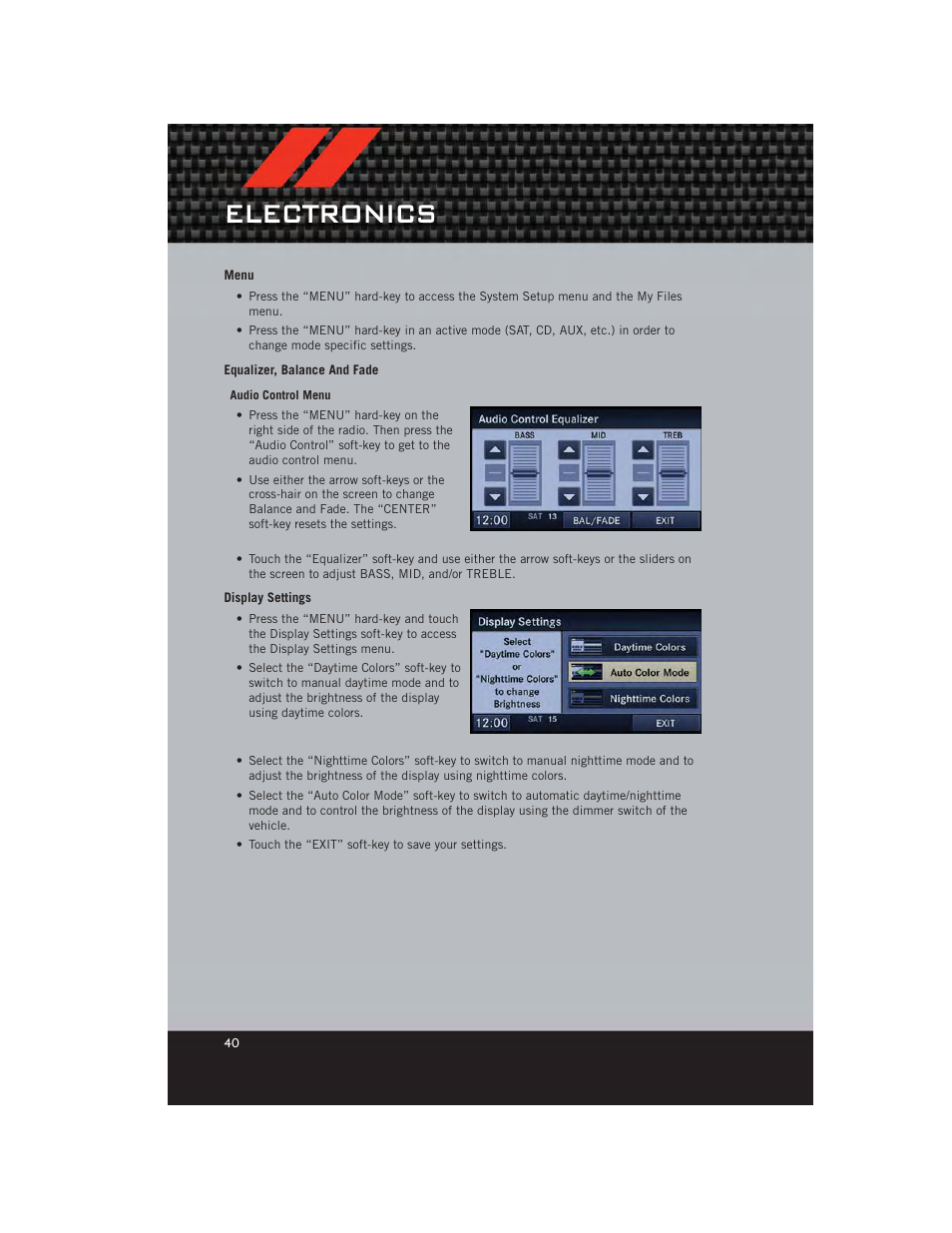 Menu, Equalizer, balance and fade, Display settings | Electronics | Dodge 2012 Avenger - User Guide User Manual | Page 42 / 108