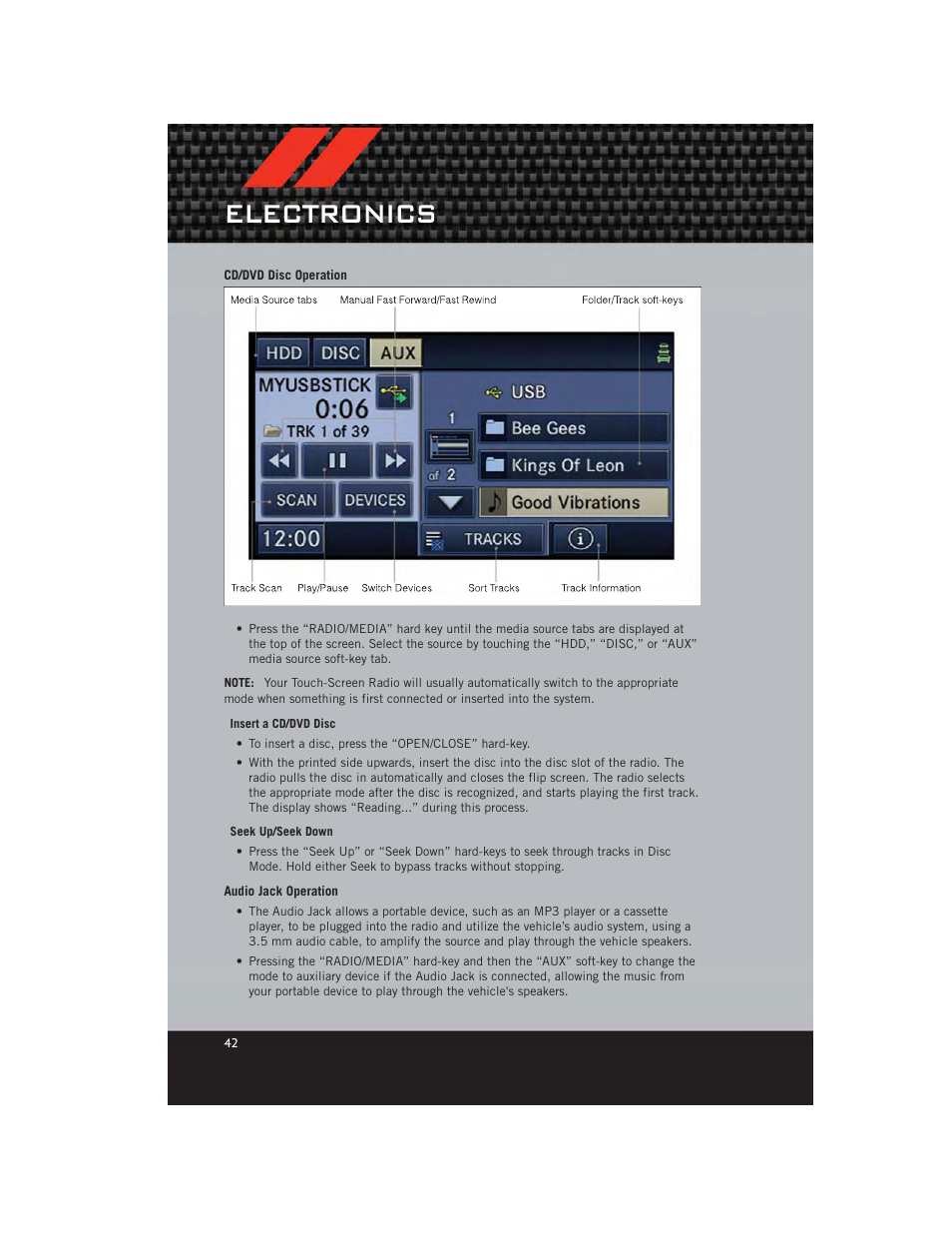 Cd/dvd disc operation, Audio jack operation, Electronics | Dodge 2012 Avenger - User Guide User Manual | Page 44 / 108