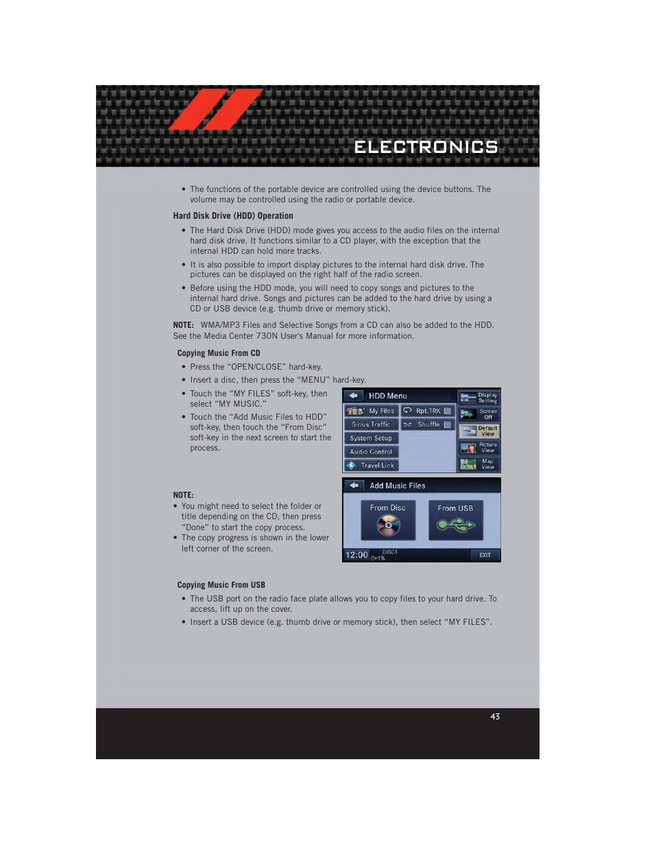 Hard disk drive (hdd) operation, Electronics | Dodge 2012 Avenger - User Guide User Manual | Page 45 / 108