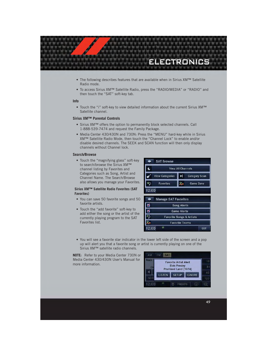 Info, Sirius xm™ parental controls, Search/browse | Electronics | Dodge 2012 Avenger - User Guide User Manual | Page 51 / 108