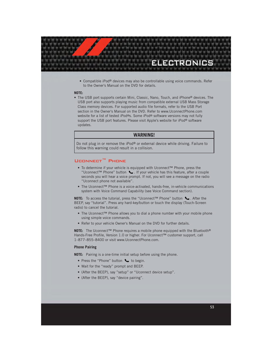 Uconnect™ phone, Phone pairing, Electronics | Warning | Dodge 2012 Avenger - User Guide User Manual | Page 55 / 108