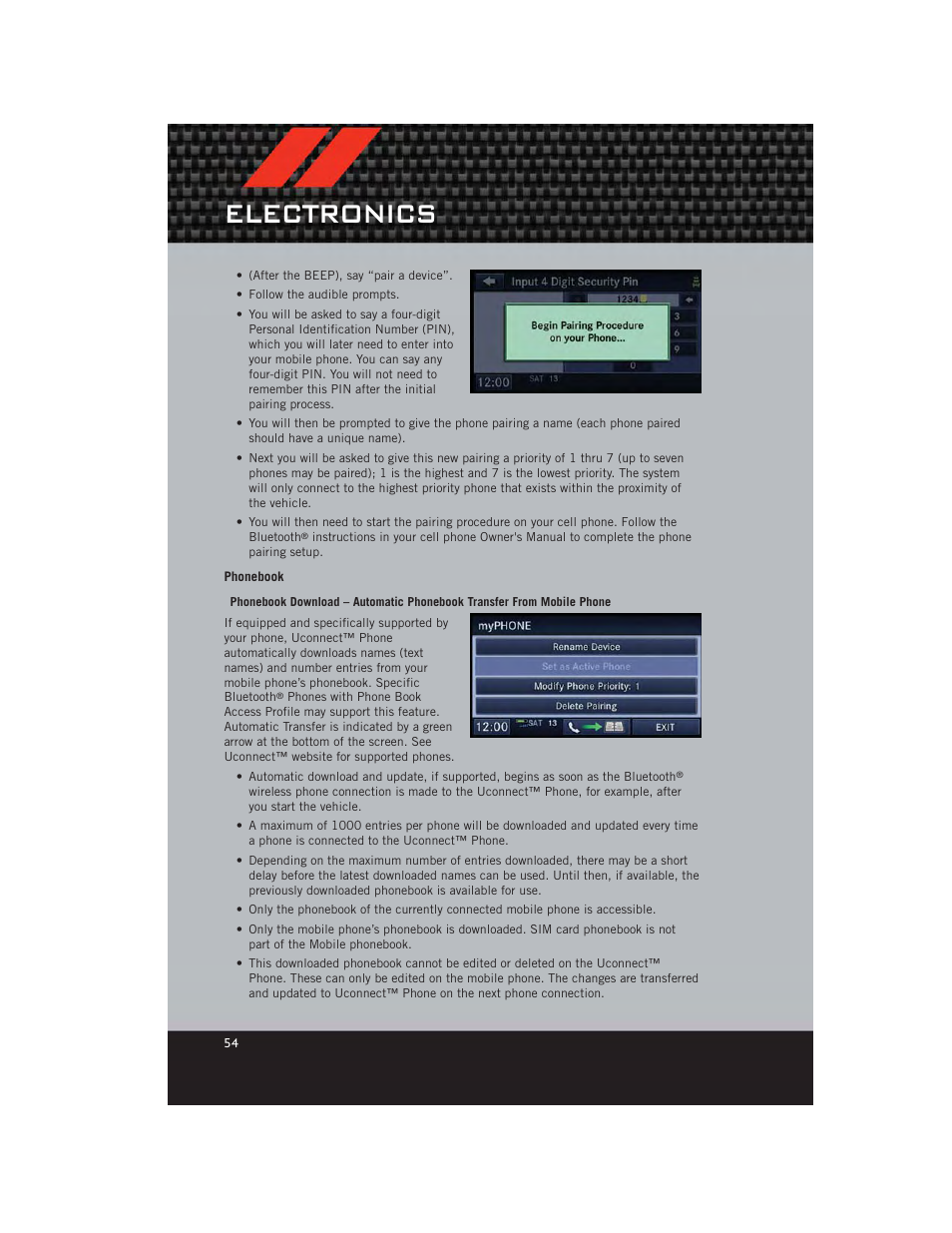 Phonebook, Electronics | Dodge 2012 Avenger - User Guide User Manual | Page 56 / 108