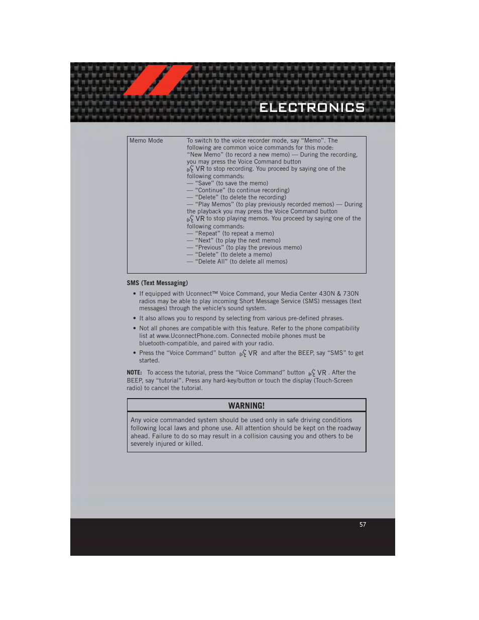 Sms (text messaging), Electronics, Warning | Dodge 2012 Avenger - User Guide User Manual | Page 59 / 108