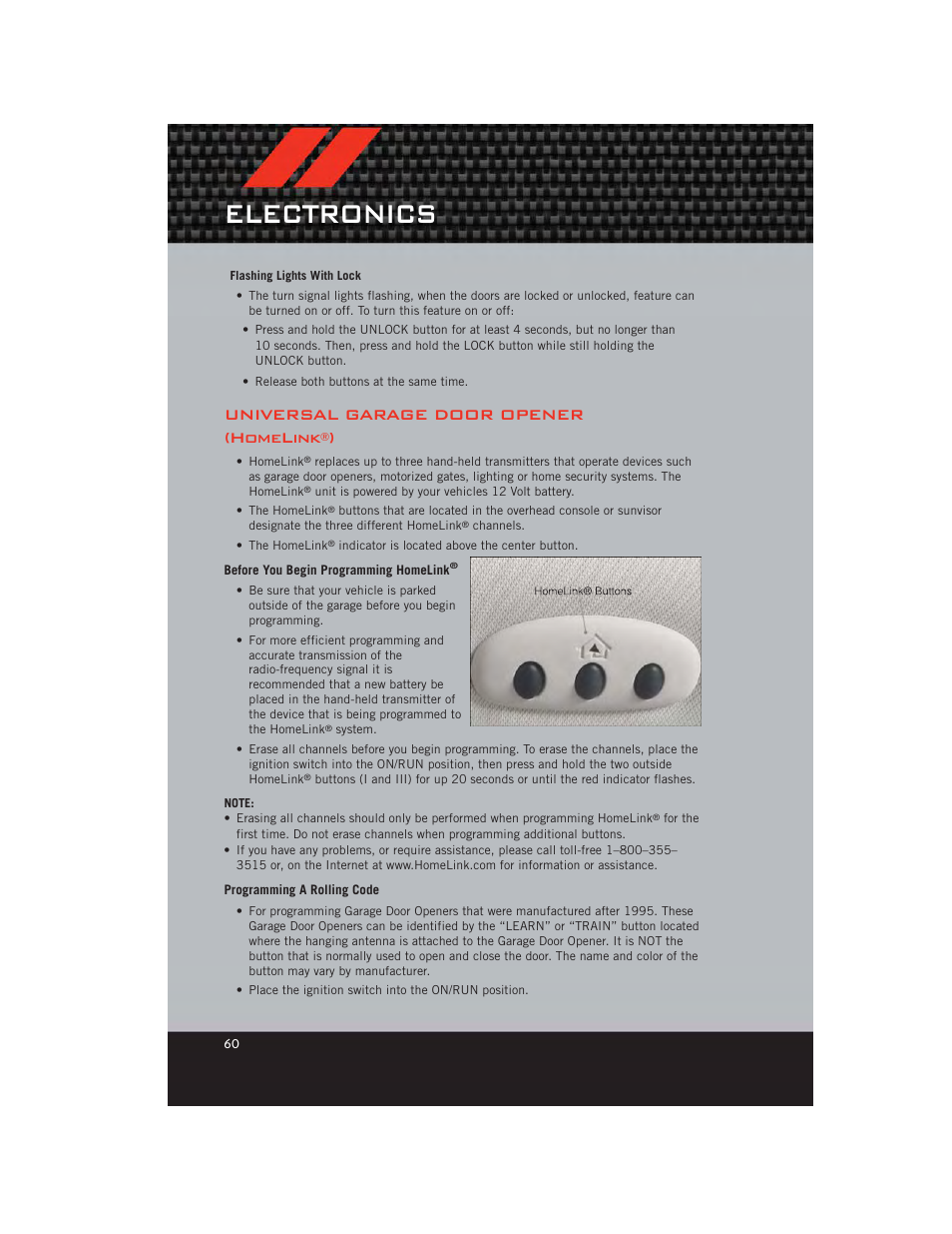Universal garage door opener (homelink®), Before you begin programming homelink, Programming a rolling code | Electronics, Universal garage door opener (homelink | Dodge 2012 Avenger - User Guide User Manual | Page 62 / 108