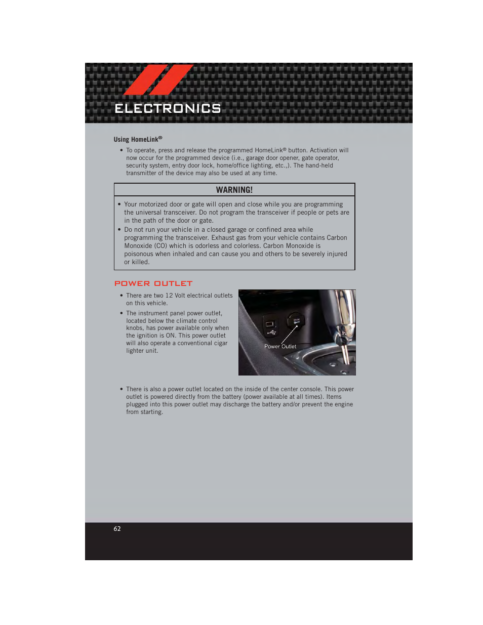 Using homelink, Power outlet, Electronics | Dodge 2012 Avenger - User Guide User Manual | Page 64 / 108