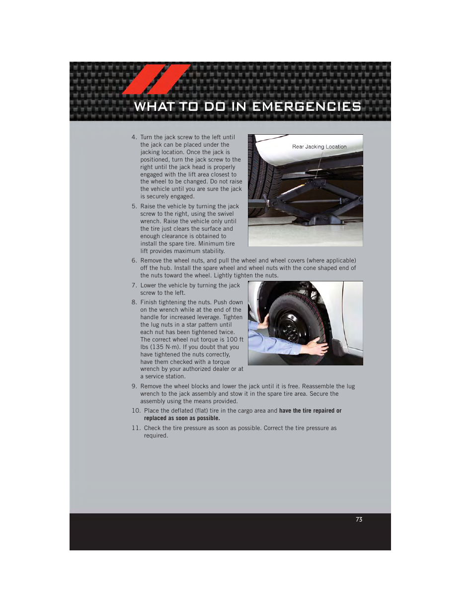 What to do in emergencies | Dodge 2012 Avenger - User Guide User Manual | Page 75 / 108