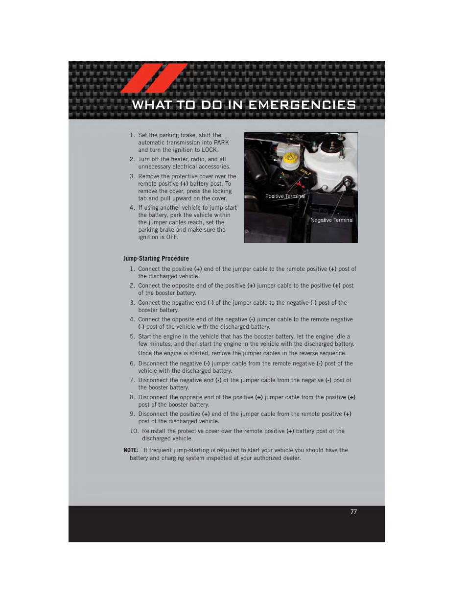 Jump-starting procedure, What to do in emergencies | Dodge 2012 Avenger - User Guide User Manual | Page 79 / 108