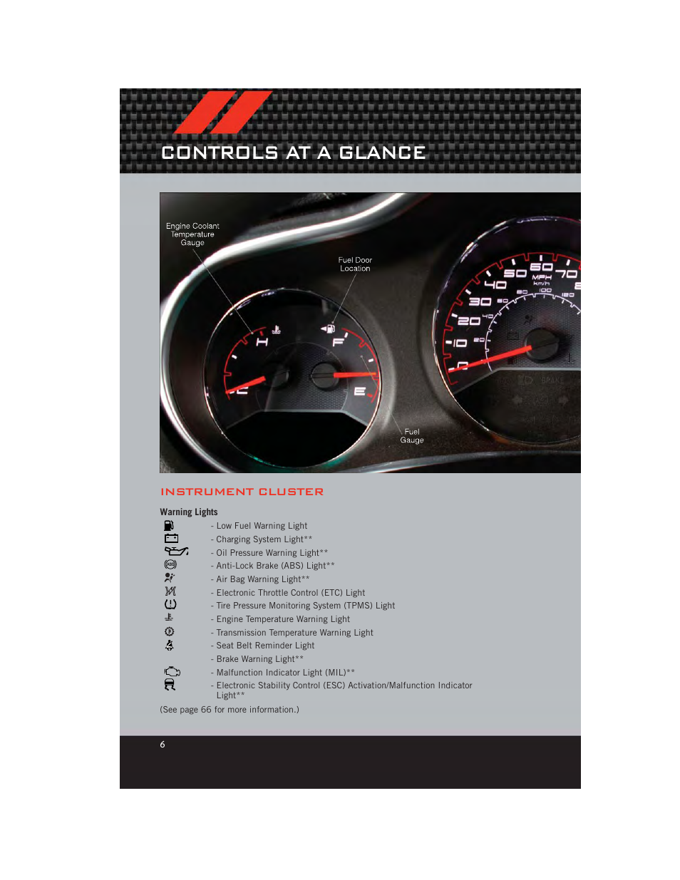 Instrument cluster, Warning lights, Controls at a glance | Dodge 2012 Avenger - User Guide User Manual | Page 8 / 108
