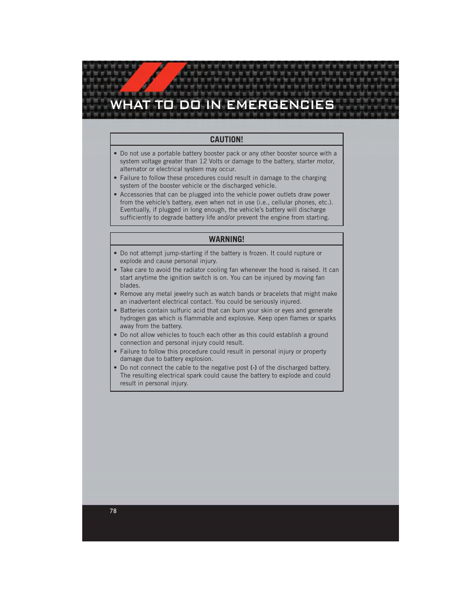 What to do in emergencies | Dodge 2012 Avenger - User Guide User Manual | Page 80 / 108