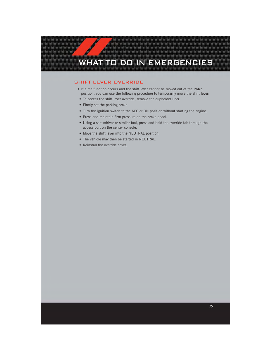 Shift lever override, Towing a disabled vehicle, What to do in emergencies | Dodge 2012 Avenger - User Guide User Manual | Page 81 / 108