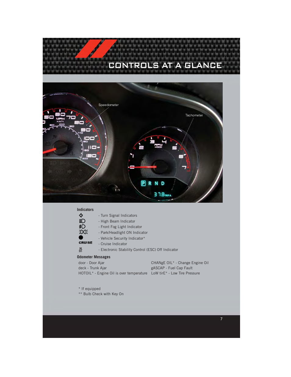 Indicators, Odometer messages, Controls at a glance | Dodge 2012 Avenger - User Guide User Manual | Page 9 / 108