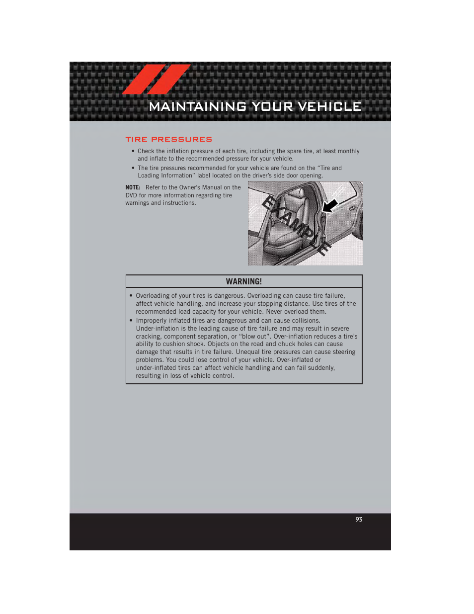 Tire pressures, Maintaining your vehicle | Dodge 2012 Avenger - User Guide User Manual | Page 95 / 108