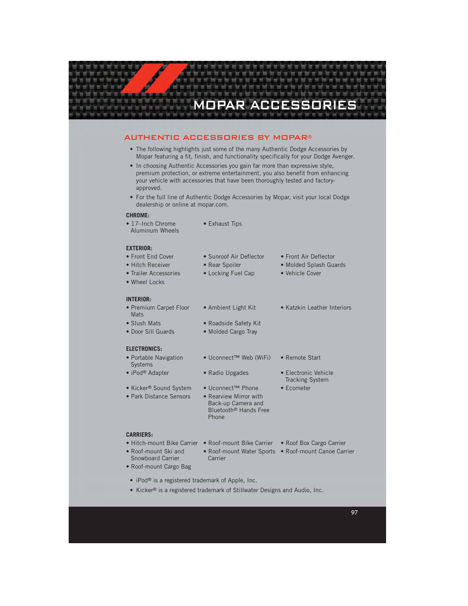 Mopar accessories, Authentic accessories by mopar | Dodge 2012 Avenger - User Guide User Manual | Page 99 / 108