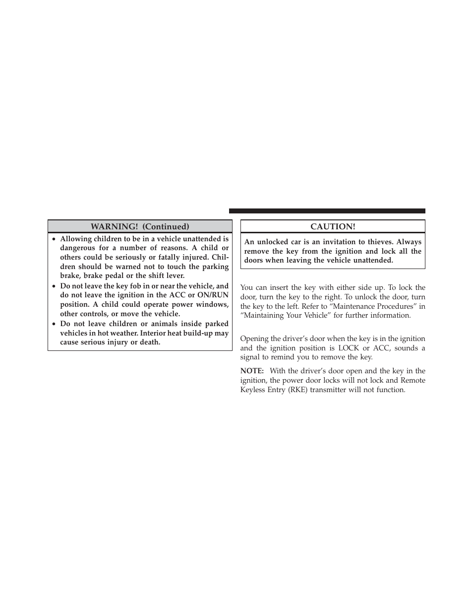 Locking doors with a key, Key-in-ignition reminder | Dodge 2012 Caliber - Owner Manual User Manual | Page 16 / 506