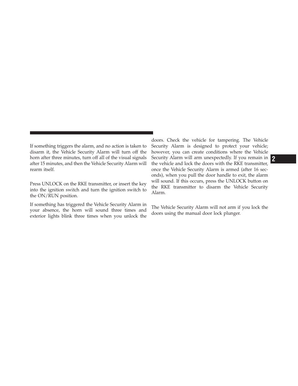 Rearming the system, To disarm the system, Vehicle security alarm manual override | Dodge 2012 Caliber - Owner Manual User Manual | Page 21 / 506