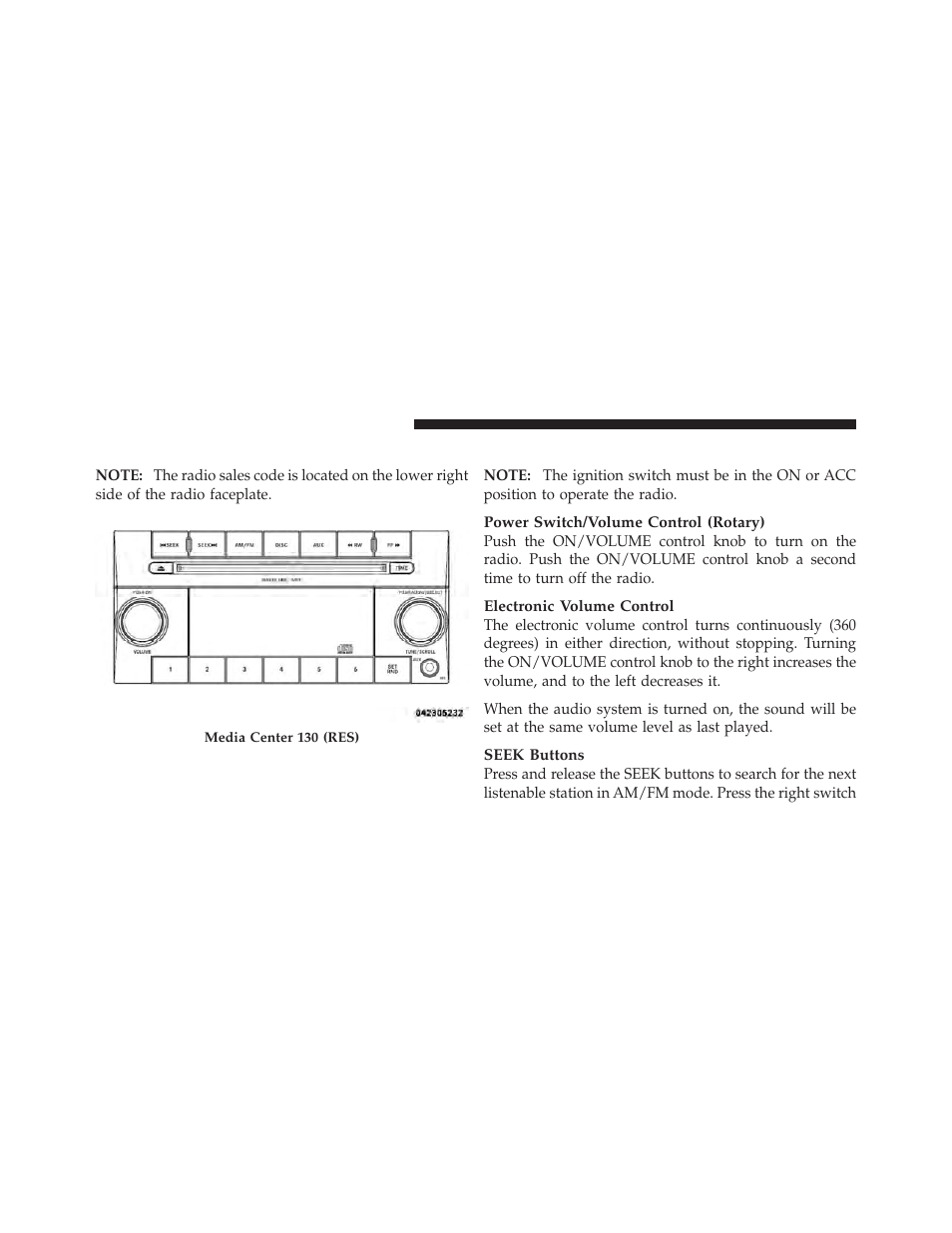 Media center 130 (sales code res), Operating instructions — radio mode | Dodge 2012 Caliber - Owner Manual User Manual | Page 248 / 506