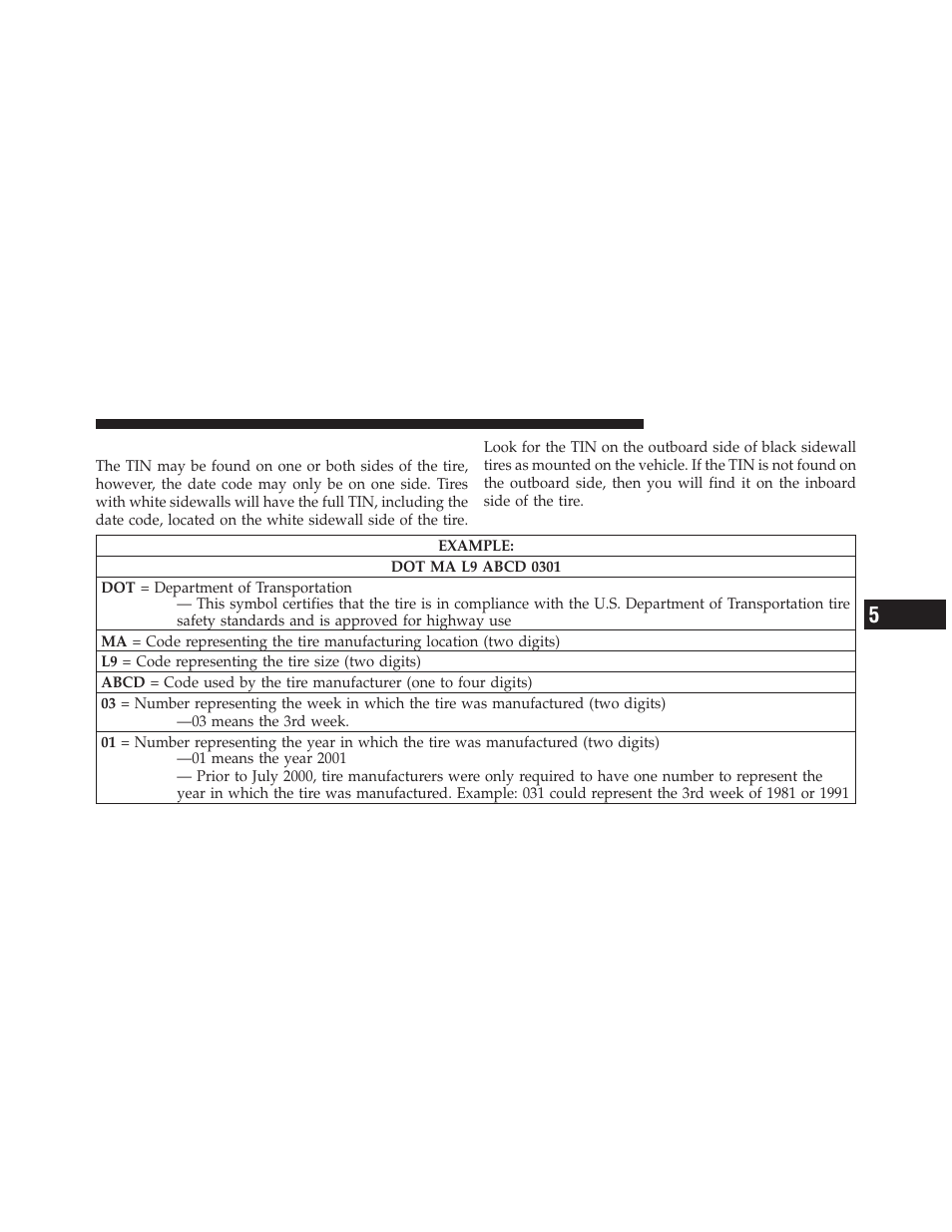 Tire identification number (tin) | Dodge 2012 Caliber - Owner Manual User Manual | Page 337 / 506