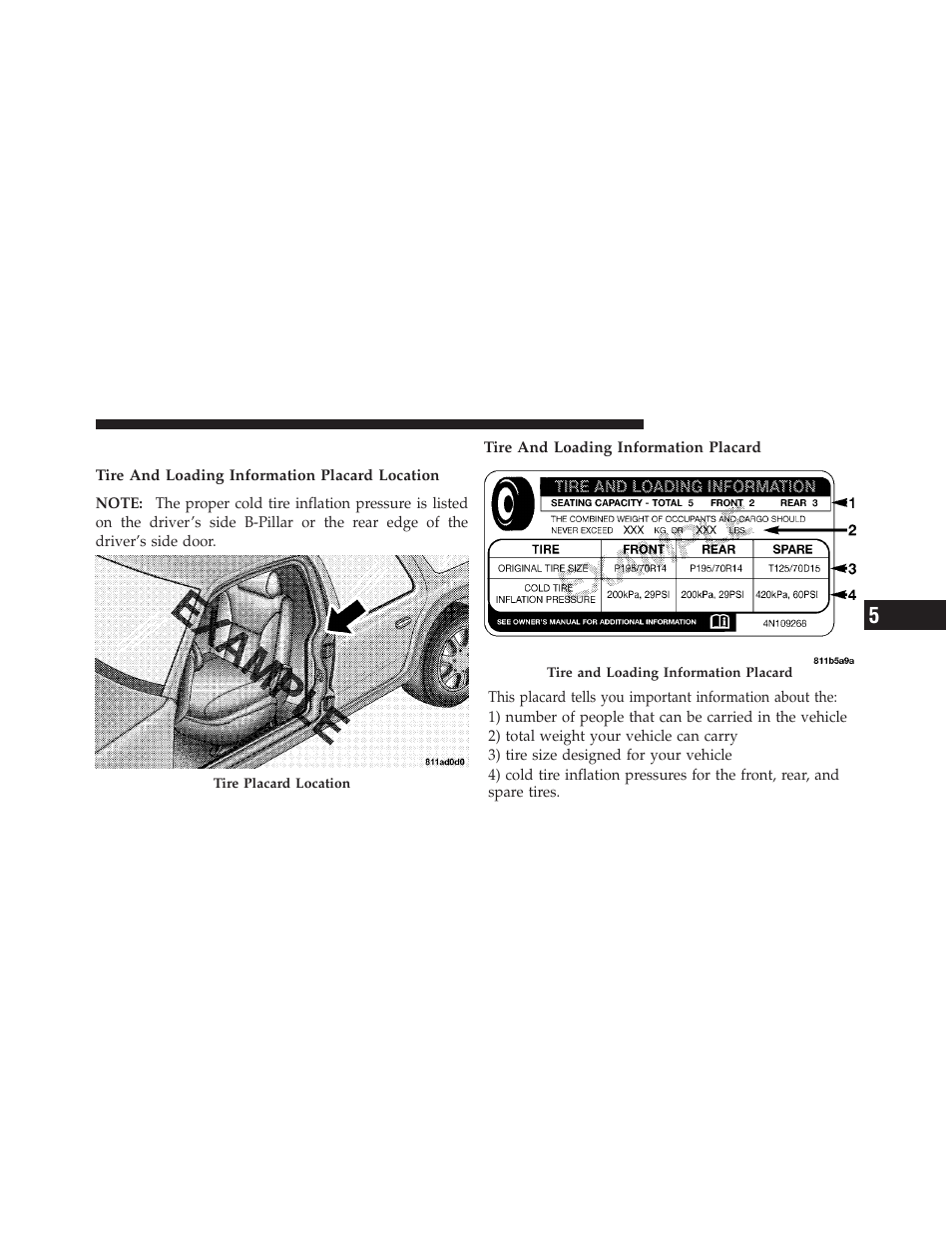 Tire loading and tire pressure | Dodge 2012 Caliber - Owner Manual User Manual | Page 339 / 506