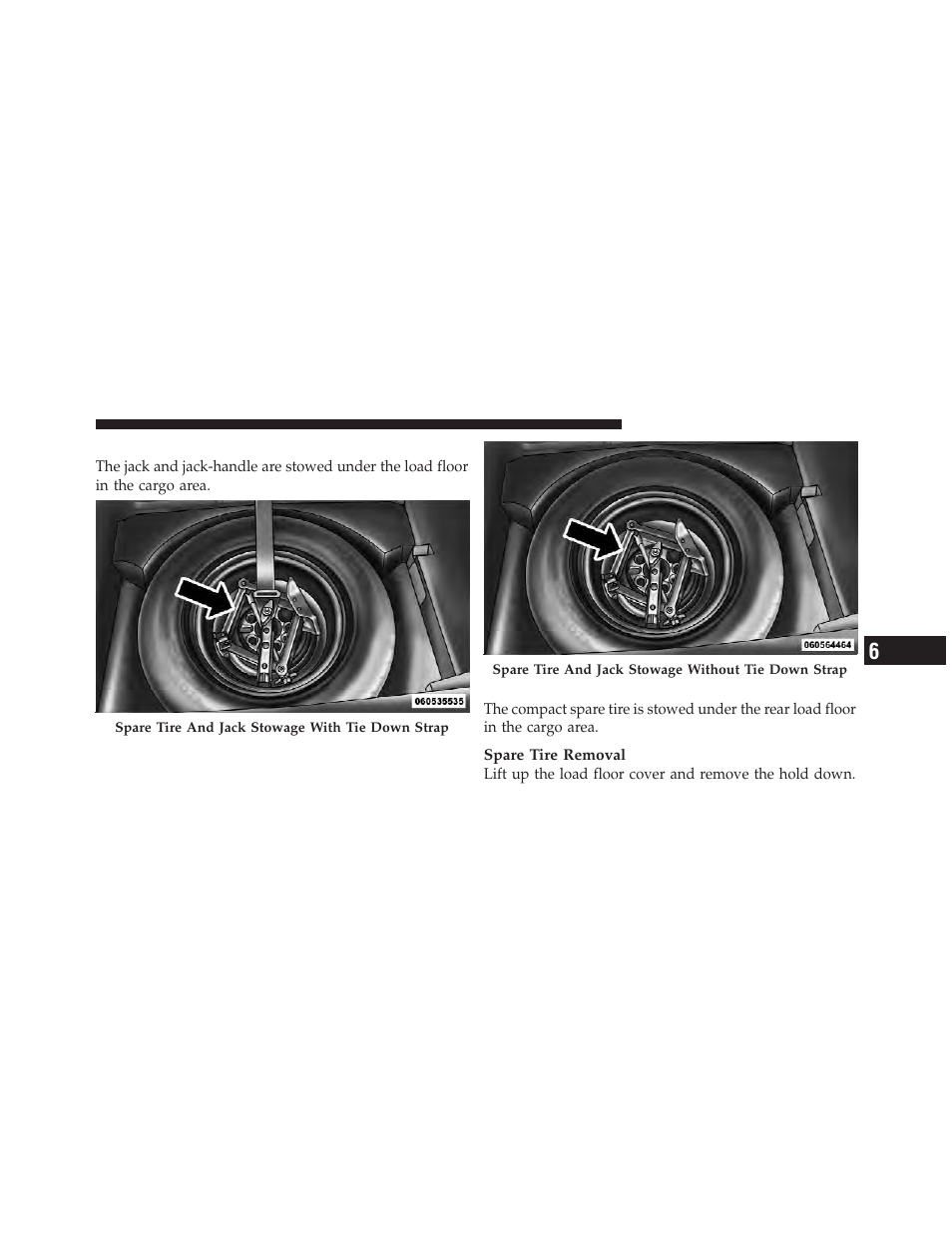 Jack location, Spare tire stowage | Dodge 2012 Caliber - Owner Manual User Manual | Page 393 / 506