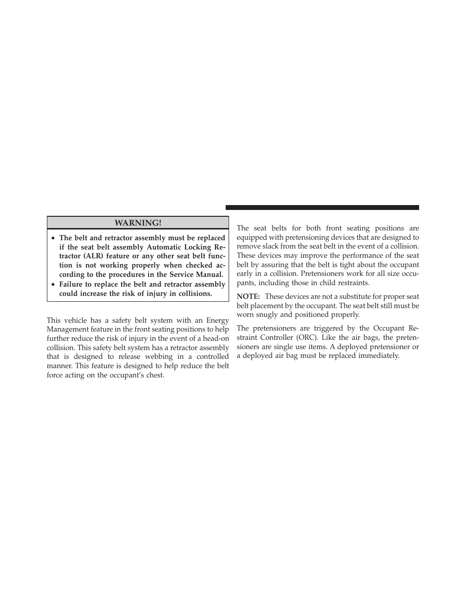 Energy management feature, Seat belt pretensioners | Dodge 2012 Caliber - Owner Manual User Manual | Page 56 / 506