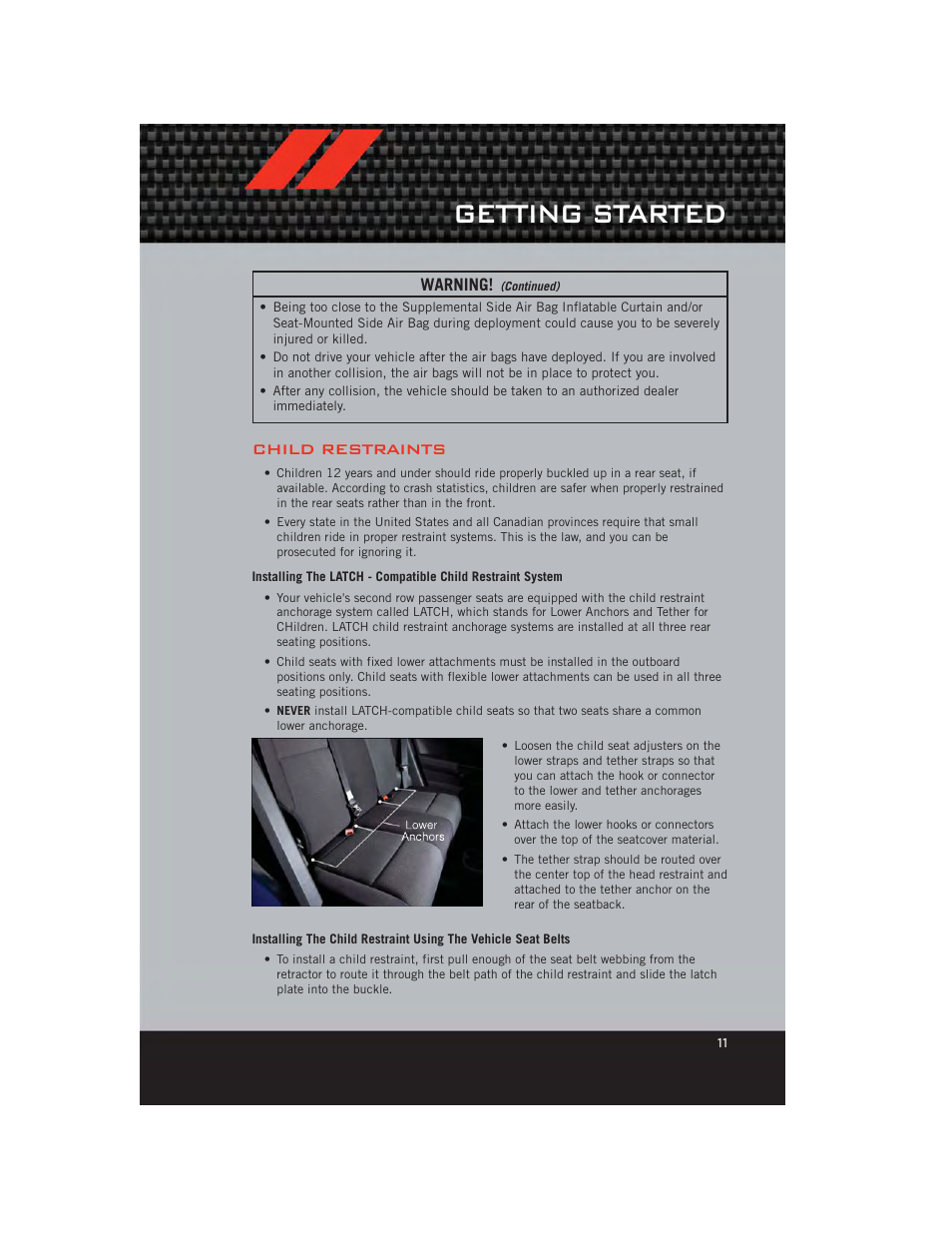 Child restraints, Getting started, Warning | Dodge 2012 Caliber - User Guide User Manual | Page 13 / 100