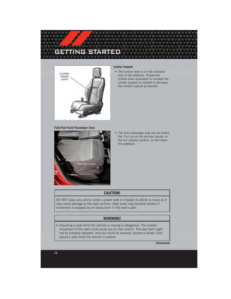 Fold-flat front passenger seat, Getting started | Dodge 2012 Caliber - User Guide User Manual | Page 16 / 100