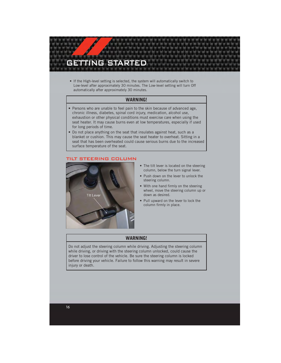 Tilt steering column, Getting started | Dodge 2012 Caliber - User Guide User Manual | Page 18 / 100