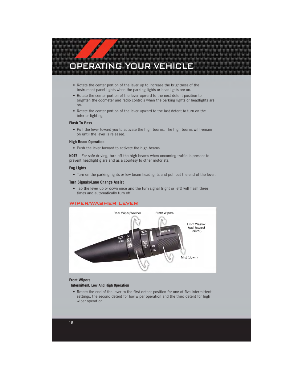 Flash to pass, High beam operation, Fog lights | Turn signals/lane change assist, Wiper/washer lever, Front wipers, Operating your vehicle | Dodge 2012 Caliber - User Guide User Manual | Page 20 / 100