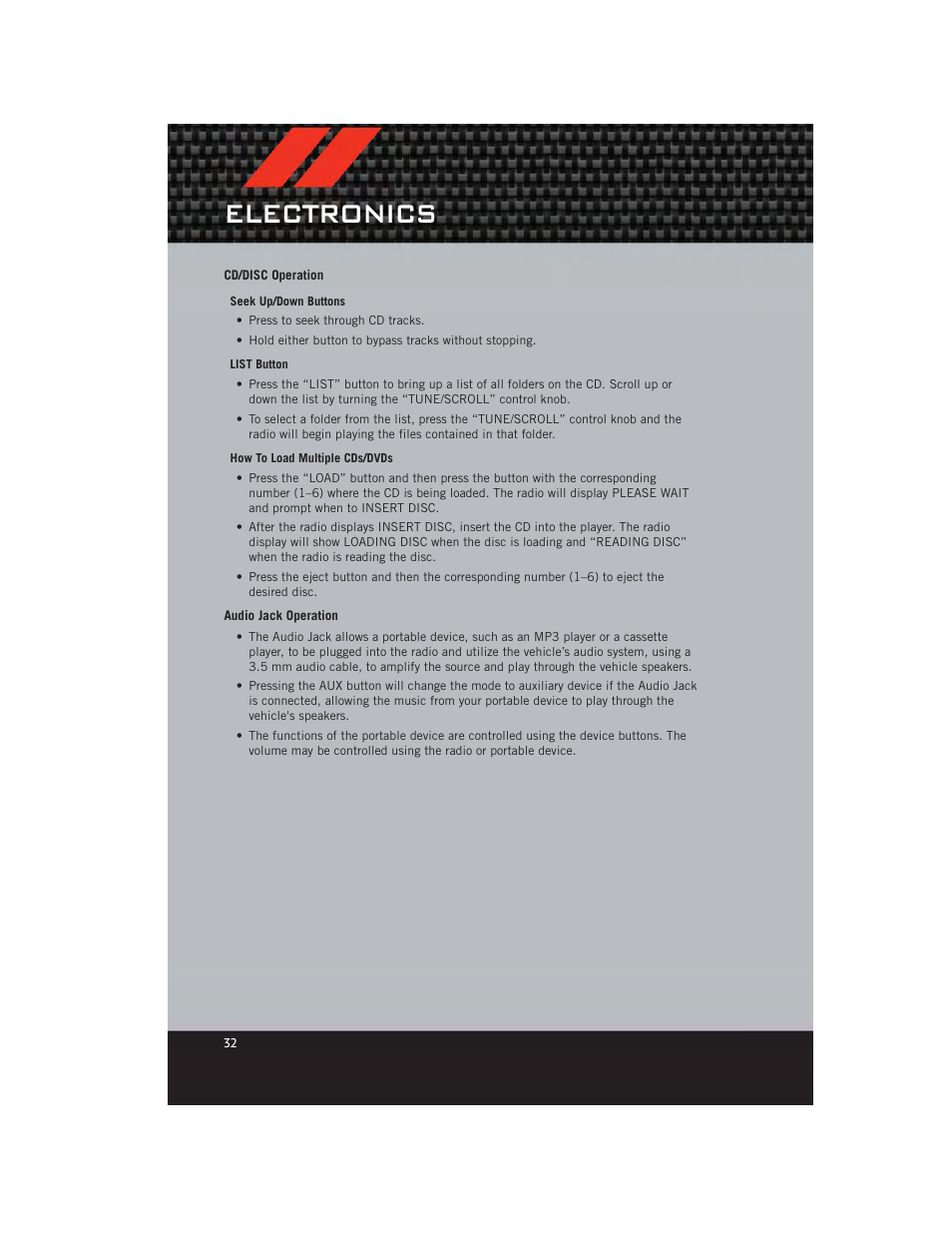 Cd/disc operation, Audio jack operation, Electronics | Dodge 2012 Caliber - User Guide User Manual | Page 34 / 100