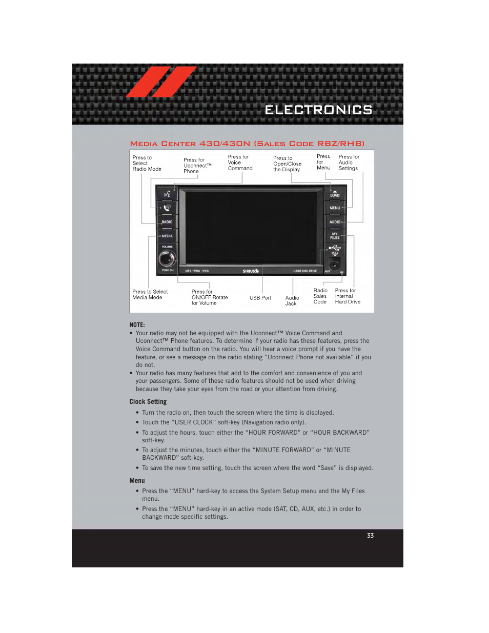 Media center 430/430n (sales code rbz/rhb), Clock setting, Menu | Electronics | Dodge 2012 Caliber - User Guide User Manual | Page 35 / 100