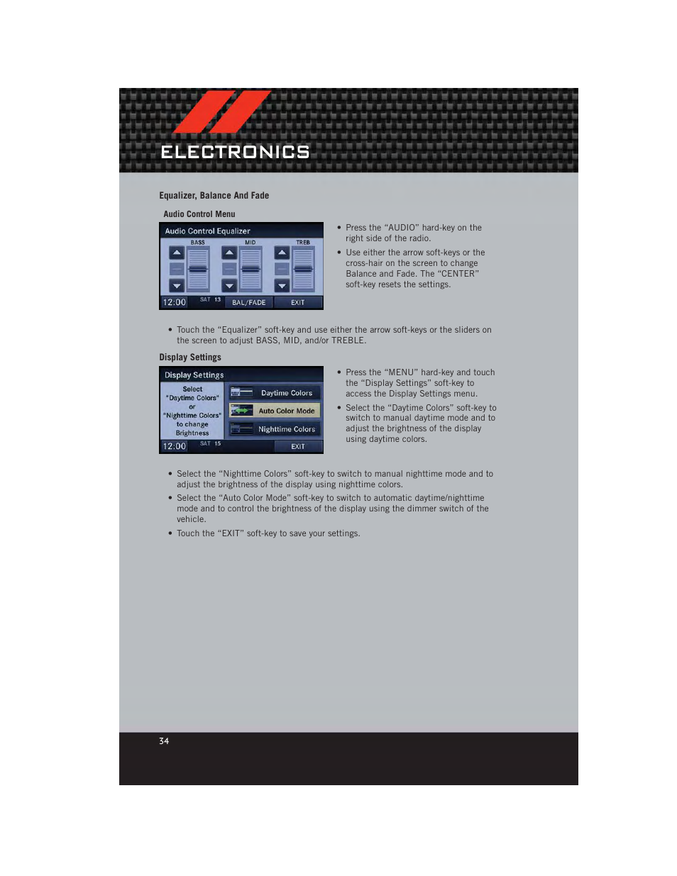 Equalizer, balance and fade, Display settings, Electronics | Dodge 2012 Caliber - User Guide User Manual | Page 36 / 100