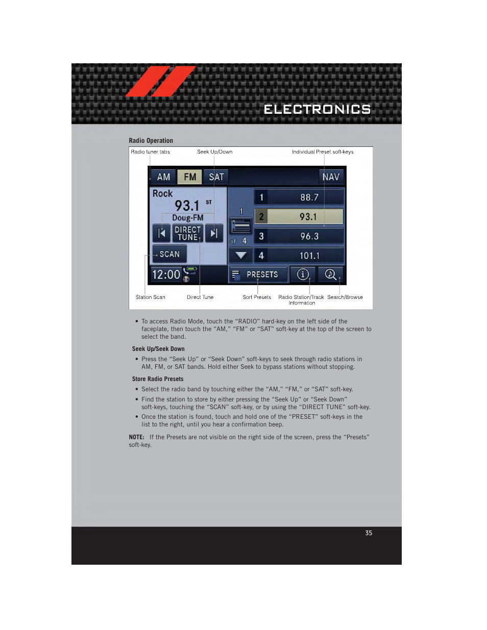 Radio operation, Electronics | Dodge 2012 Caliber - User Guide User Manual | Page 37 / 100