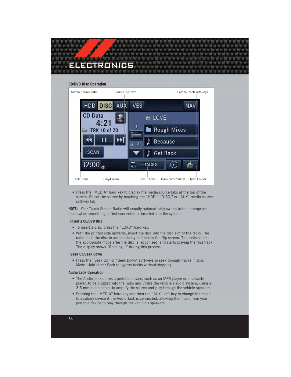 Cd/dvd disc operation, Audio jack operation, Electronics | Dodge 2012 Caliber - User Guide User Manual | Page 38 / 100
