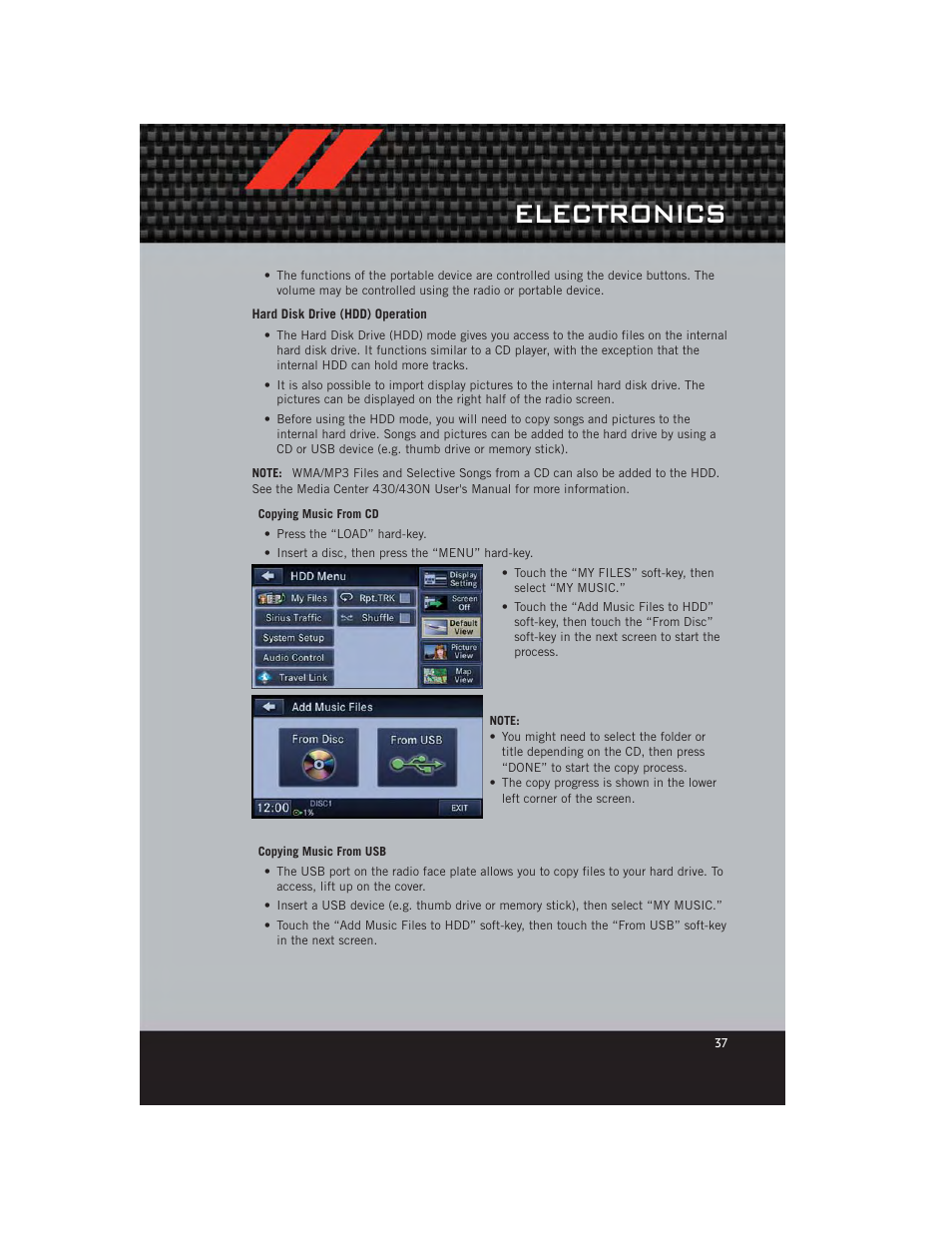 Hard disk drive (hdd) operation, Electronics | Dodge 2012 Caliber - User Guide User Manual | Page 39 / 100
