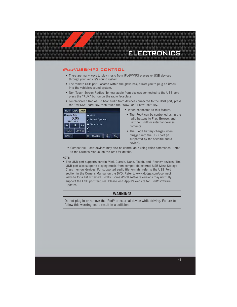Ipod®/usb/mp3 control, Electronics, Ipod | Usb/mp3 control, Warning | Dodge 2012 Caliber - User Guide User Manual | Page 47 / 100