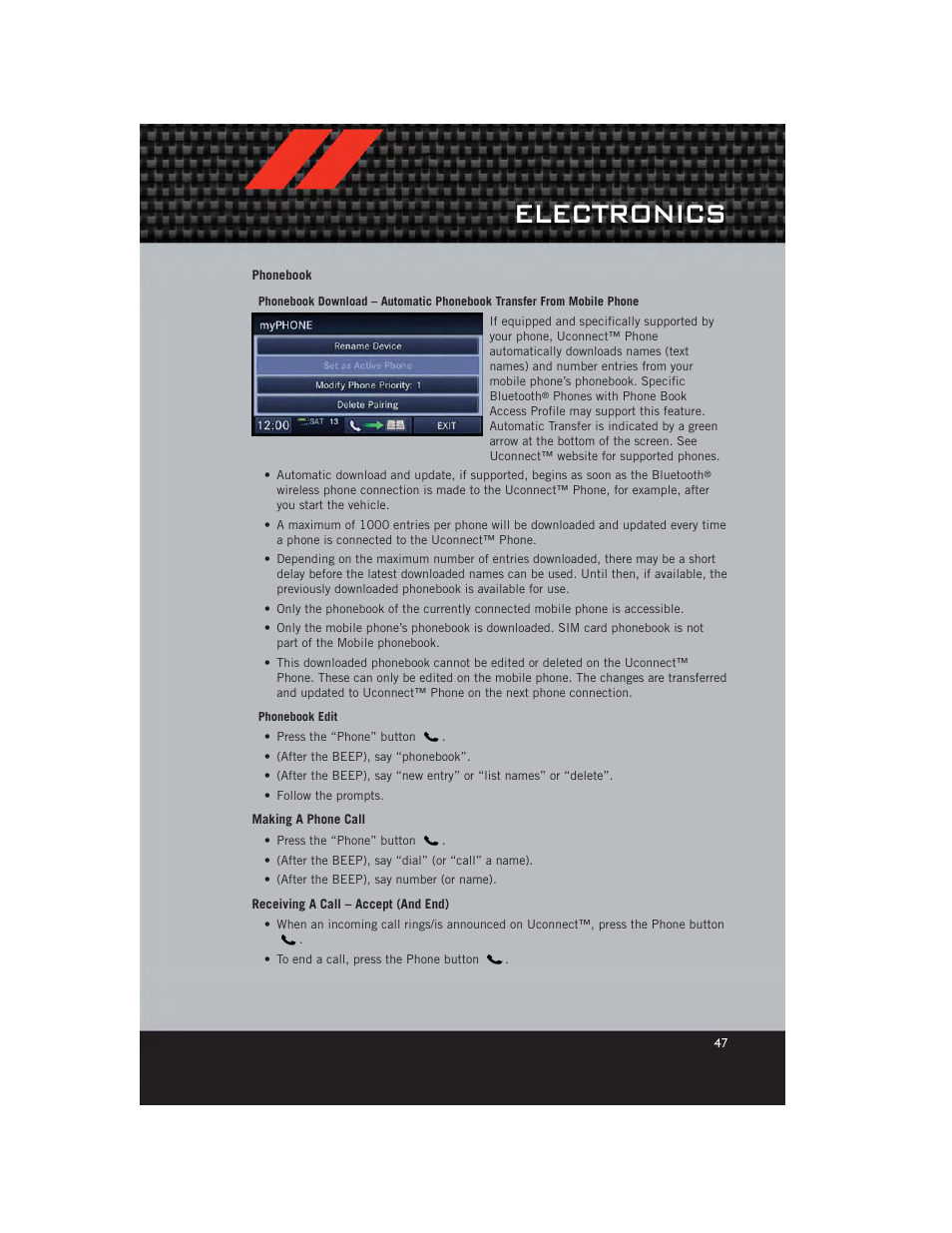 Phonebook, Making a phone call, Receiving a call – accept (and end) | Electronics | Dodge 2012 Caliber - User Guide User Manual | Page 49 / 100