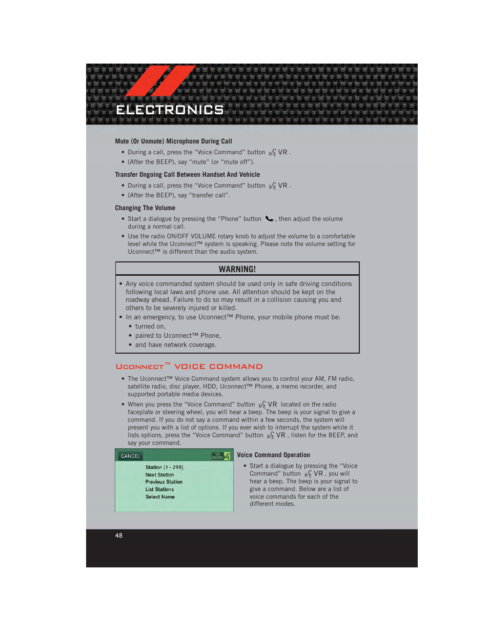 Mute (or unmute) microphone during call, Transfer ongoing call between handset and vehicle, Changing the volume | Uconnect™ voice command, Voice command operation, Electronics, Warning | Dodge 2012 Caliber - User Guide User Manual | Page 50 / 100