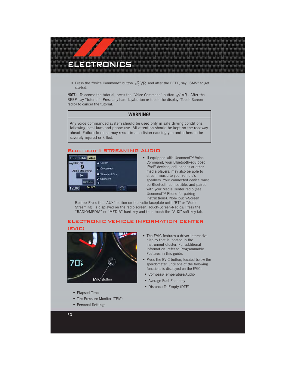 Bluetooth® streaming audio, Electronic vehicle information center (evic), Electronics | Bluetooth, Streaming audio | Dodge 2012 Caliber - User Guide User Manual | Page 52 / 100