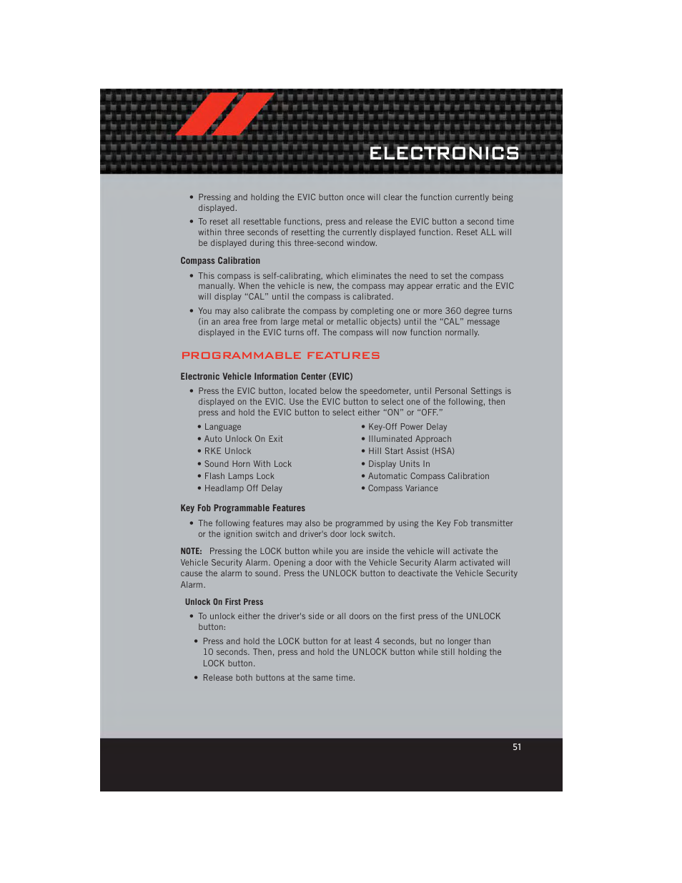 Compass calibration, Programmable features, Electronic vehicle information center (evic) | Key fob programmable features, Electronics | Dodge 2012 Caliber - User Guide User Manual | Page 53 / 100