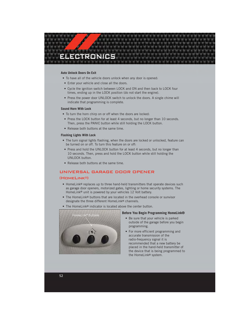 Universal garage door opener (homelink®), Before you begin programming homelink, Electronics | Universal garage door opener (homelink | Dodge 2012 Caliber - User Guide User Manual | Page 54 / 100