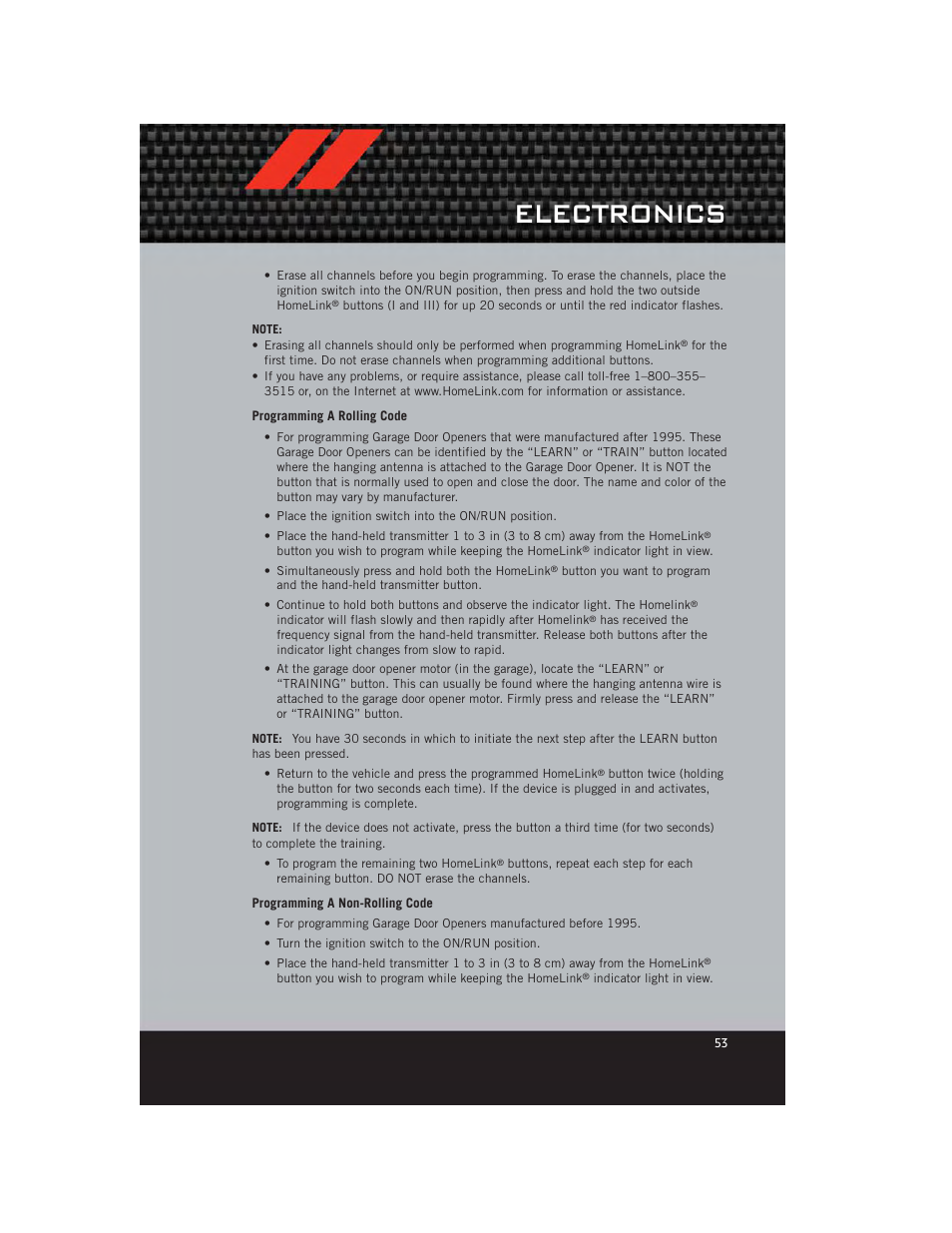 Programming a rolling code, Programming a non-rolling code, Electronics | Dodge 2012 Caliber - User Guide User Manual | Page 55 / 100