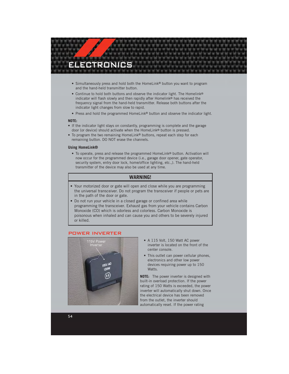 Using homelink, Power inverter, Electronics | Warning | Dodge 2012 Caliber - User Guide User Manual | Page 56 / 100