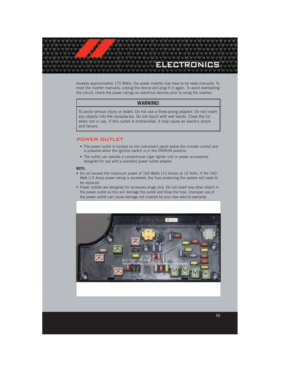 Power outlet, Electronics | Dodge 2012 Caliber - User Guide User Manual | Page 57 / 100