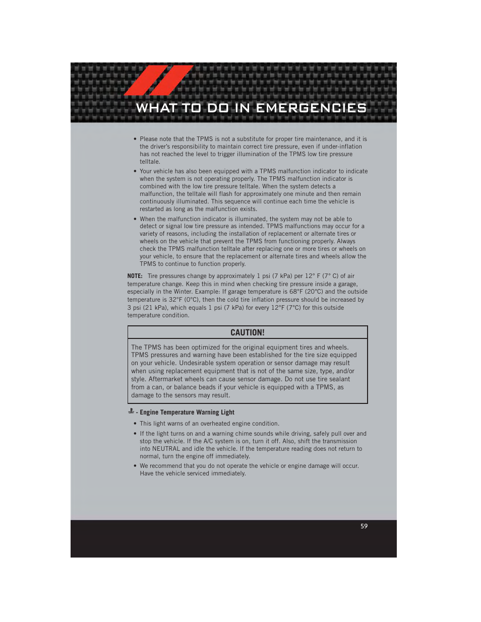 Engine temperature warning light, What to do in emergencies | Dodge 2012 Caliber - User Guide User Manual | Page 61 / 100